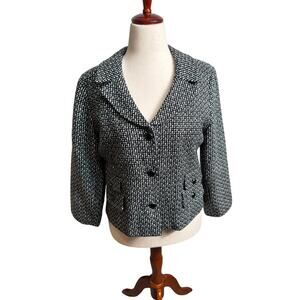 Sandro black & white tweed jacket blazer cropped collared button up lined Sz L